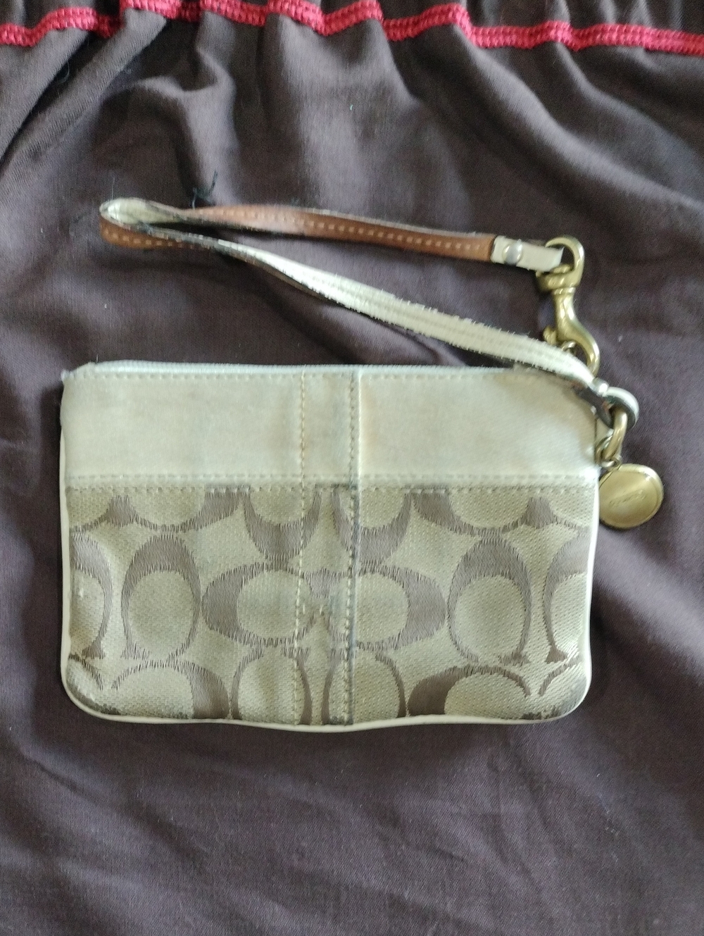 Coach Beige/Tan Signature Canvas Wristlet with Leather Strap